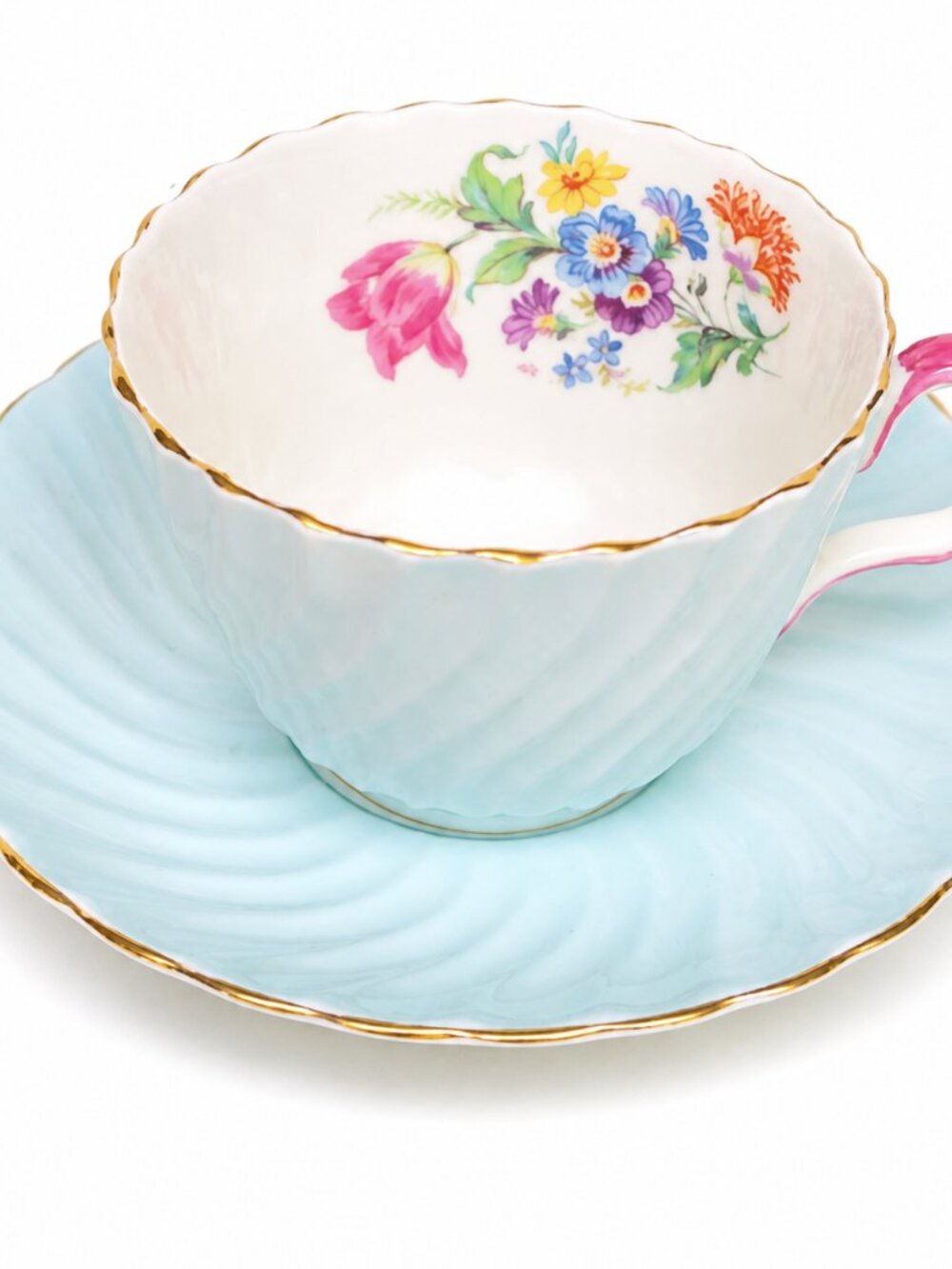 Aynsley England Sky Blue Swirl Teacup and Saucer Pink Handle Floral Inside